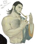  1boy bara beard black_hair chest_hair citatappu earrings facial_hair golden_kamuy grey_eyes highres hoop_earrings japanese_clothes jewelry kimono kiroranke long_hair male_focus matches muscular muscular_male navel pipe smoking upper_body white_background 