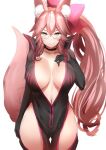  1girl animal_ear_fluff animal_ears bangs black_bodysuit blush bodysuit bow breasts center_opening choker cleavage closed_mouth fate/grand_order fate_(series) fox_ears fox_girl fox_tail glasses hair_between_eyes hair_bow highres hip_vent john_zhang koyanskaya_(fate) large_breasts long_hair looking_at_viewer pink_bow pink_hair ponytail sidelocks smile solo tail tamamo_(fate)_(all) thighs yellow_eyes 