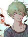  1boy amami_rantarou artist_name bangs closed_eyes collarbone commentary_request danganronpa_(series) danganronpa_v3:_killing_harmony earrings facing_viewer green_hair grin hair_between_eyes highres jewelry kandanami_(kanada-ya) leaf male_focus messy_hair necklace shirt short_hair simple_background smile striped striped_shirt teeth upper_body white_background 