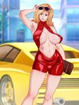  1girl absurdres areola_slip areolae armpits bag blurry blurry_background breasts breasts_apart car covered_nipples earrings eyewear_on_head gaden golden_boy ground_vehicle handbag highres jewelry large_breasts lipstick looking_at_viewer makeup medium_hair motor_vehicle navel onna_shachou outdoors revealing_clothes smile solo sports_car sunglasses wavy_hair 