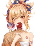  1girl bangs breasts candy_apple check_commentary choker cleavage collarbone commentary_request covering_mouth eating eyebrows_visible_through_hair food genshin_impact hair_between_eyes hair_ornament head_tilt highres holding holding_food japanese_clothes long_hair looking_at_viewer ponytail ria_(yfvv_ria) sarashi sidelocks simple_background solo tattoo white_background yoimiya_(genshin_impact) 
