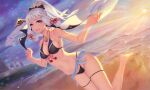  1girl alternate_costume bangs barefoot beach bikini black_bikini blue_eyes breasts cleavage genshin_impact hair_ornament highres kamisato_ayaka long_hair looking_at_viewer medium_breasts navel ocean outdoors ponytail rotix silver_hair smile solo sunset swimsuit thigh_strap water 