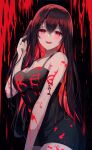  1girl :d absurdres bangs bare_arms bare_shoulders black_background black_dress black_hair blood bloody_clothes blush breasts cleavage collarbone colored_inner_hair dress gongha hair_between_eyes hand_up highres long_hair looking_at_viewer multicolored_hair open_mouth original red_background red_eyes red_hair red_nails side_ponytail smile solo upper_teeth very_long_hair 