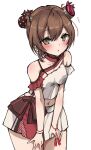  1girl bare_shoulders blush brown_eyes brown_hair chigasaki_y cowboy_shot double_bun eyebrows_visible_through_hair hair_between_eyes kantai_collection looking_at_viewer navel official_alternate_costume parted_lips shirt short_hair simple_background skirt sleeveless sleeveless_shirt solo tan_yang_(kancolle) white_background white_shirt white_skirt yukikaze_(kancolle) 