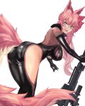  1girl absurdres animal_ear_fluff animal_ears ass black_bodysuit bodysuit breasts center_opening fang fate/grand_order fate_(series) fox_ears fox_girl fox_shadow_puppet fox_tail gun hair_ribbon hanging_breasts highres koyanskaya_(fate) large_breasts looking_at_viewer looking_down nibiiro_(deep_4242) open_mouth pink_hair ponytail red_ribbon ribbon rifle side_ponytail simple_background sniper_rifle solo tail tamamo_(fate)_(all) weapon white-framed_eyewear white_background yellow_eyes 