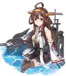  1girl ahoge bare_shoulders black_legwear black_skirt brown_hair closed_mouth detached_sleeves double_bun eyebrows_visible_through_hair hair_between_eyes hairband headgear highres japanese_clothes kantai_collection kongou_(kancolle) long_hair looking_at_viewer machinery minosu nontraditional_miko pleated_skirt purple_eyes remodel_(kantai_collection) ribbon-trimmed_sleeves ribbon_trim rigging skirt smile solo thighhighs turret wide_sleeves 