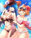 2girls :d ahoge arm_grab bangs bare_legs bikini black_bikini blue_eyes blue_hair blue_sky blunt_bangs bracelet breasts cleavage cloud commentary_request day earrings eyebrows_visible_through_hair eyewear_on_head floral_print flower frilled_bikini frills hair_flower hair_ornament hat hat_flower highres jewelry kamishiro_(rsg10679) large_breasts long_hair looking_at_another medium_breasts multiple_girls navel ocean one_eye_closed open_mouth orange_hair outdoors pink_bikini print_bikini red_eyes see-through setsuna_(shironeko_project) shironeko_project short_hair sky smile striped striped_bikini sunglasses swimsuit thighs towa_(shironeko_project) twitter_username 