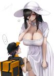  ... 1boy 1girl :d bag black_hair blush breasts bulge cleavage coin_purse covered_nipples dress erection erection_under_clothes futanari hair_over_one_eye hasshaku-sama hat height_difference highres ikemeru19 long_hair looking_down looking_up open_mouth original paper_bag purple_hair red_eyes signature simple_background smile speech_bubble sweatdrop translated white_background white_dress 