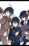  3boys ahoge bag bangs black_bag black_headwear black_jacket brown_capelet brown_eyes brown_jacket brown_pants buttons capelet collared_shirt commentary_request danganronpa_(series) danganronpa_v3:_killing_harmony detective double-breasted hair_between_eyes headwear_removed jacket letterboxed long_sleeves looking_at_viewer magnifying_glass male_focus monokuma multiple_boys multiple_persona official_alternate_costume open_mouth pants qiao_xing saihara_shuuichi school_uniform shirt short_hair simple_background striped striped_neckwear upper_body white_background white_shirt 