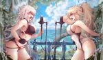  2girls ahoge bangs bare_shoulders bikini black_bikini black_choker black_gloves blonde_hair blue_eyes breasts choker cleavage closed_eyes collarbone fate/grand_order fate_(series) gloves high_ponytail highleg highleg_swimsuit highres jeanne_d&#039;arc_(alter_swimsuit_berserker)_(fate) jeanne_d&#039;arc_(fate)_(all) jeanne_d&#039;arc_(swimsuit_archer)_(fate) large_breasts long_hair microphone microphone_stand multiple_girls o-ring o-ring_bikini o-ring_bottom one-piece_swimsuit ru_251 sideboob silver_hair single_glove standing swimsuit thigh_strap thighs very_long_hair 