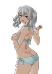  1girl 30-06 ass bikini blue_eyes butt_crack contrapposto cowboy_shot from_behind highres kantai_collection kashima_(kancolle) long_hair looking_at_viewer looking_back silver_hair simple_background smile solo swimsuit wavy_hair white_background white_bikini 