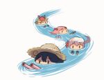  4girls ahoge akebono_(kancolle) black_hair brown_hair cannon commentary_request crab_on_head flower hair_bobbles hair_flower hair_ornament hat kantai_collection long_hair multiple_girls oboro_(kancolle) partially_submerged pink_hair purple_hair saiguchi_otoufu sazanami_(kancolle) short_hair side_ponytail solid_oval_eyes straw_hat sun_hat towel towel_on_head twintails ushio_(kancolle) water 