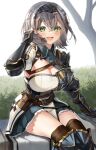  1girl :d armor belt black_gloves blue_skirt blush breasts brown_belt eyebrows_visible_through_hair fingerless_gloves gauntlets gloves green_eyes grey_hair hair_between_eyes headpiece highres hololive kito_koruta large_breasts looking_at_viewer mole mole_on_breast open_mouth shirogane_noel short_hair sitting skirt smile solo thighhighs thighs virtual_youtuber zettai_ryouiki 