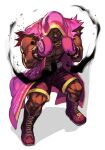  1boy belt boots boxing_gloves chain dark-skinned_male dark_skin fighting_stance hooded_coat hungry_clicker m_bison male_focus muscular muscular_male pink_coat shorts street_fighter white_background wrestling_outfit 