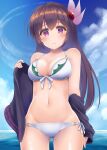  1girl ass_visible_through_thighs bikini blue_sky breasts brown_hair cloud collarbone cowboy_shot crescent crescent_pin day groin hair_ornament highres jacket kantai_collection kisaragi_(kancolle) long_hair looking_at_viewer medium_breasts minakami_mimimi navel ocean outdoors purple_eyes remodel_(kantai_collection) side-tie_bikini sky solo swimsuit swimsuit_under_clothes 