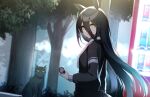  1girl animal_ears bangs black_cat black_hair black_jacket blurry blurry_background can cat commentary_request ear_tag eyebrows_visible_through_hair from_side hair_between_eyes highres holding holding_can horse_ears horse_girl jacket kagerou_(gigayasoma) long_hair long_sleeves looking_at_viewer looking_to_the_side manhattan_cafe_(umamusume) md5_mismatch outdoors parted_lips resolution_mismatch solo source_smaller towel towel_around_neck tree umamusume upper_body vending_machine very_long_hair yellow_eyes 