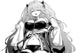  1girl anchorage_(azur_lane) azur_lane azur_lane:_slow_ahead breasts cleavage closed_eyes from_below greyscale hori_(hori_no_su) large_breasts long_hair long_sleeves looking_at_viewer micro_shorts midriff monochrome navel shorts solo very_long_hair 