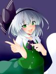  1girl bangs black_bow black_hairband black_neckwear blush bow buttons collar dress eyebrows_visible_through_hair eyes_visible_through_hair ghost green_dress green_eyes hair_between_eyes hairband hands_up highres holding konpaku_youmu konpaku_youmu_(ghost) looking_at_viewer muumuu_(sirufuruteienn) myon_(phrase) one-hour_drawing_challenge open_mouth puffy_short_sleeves puffy_sleeves purple_background shadow shirt short_sleeves silver_hair simple_background smile solo touhou white_shirt 