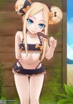  1girl abigail_williams_(fate) arm_behind_back bangs bare_shoulders bikini black_bikini black_bow blonde_hair blue_eyes blush bow breasts collarbone double_bun emerald_float fate/grand_order fate_(series) food forehead frilled_bikini frills hair_bow highres long_hair looking_at_viewer multiple_bows multiple_hair_bows navel orange_bow parted_bangs polka_dot polka_dot_bow popsicle sidelocks small_breasts smile solo swimsuit thighs tongue tongue_out vahn_yourdoom 