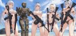  1other 4girls absurdres ak-12 ak-12_(girls&#039;_frontline) ak-15 ak-15_(girls&#039;_frontline) alternate_breast_size an-94 an-94_(girls&#039;_frontline) aqua_eyes artist_name ass_visible_through_thighs assault_rifle bandeau bangs bare_arms bare_legs bare_shoulders beach bikini black_bikini blonde_hair blue_eyes blush braid breast_squeeze breasts choker closed_mouth cloud cloudy_sky collarbone covered_nipples cyclops_(girls&#039;_frontline) daisy dated defy_(girls&#039;_frontline) dual_wielding eyebrows_visible_through_hair eyewear_on_head flower french_braid front-tie_bikini front-tie_top girls&#039;_frontline grey_hair groin_tendon gun hair_flower hair_ornament hairband halter_top halterneck highres holding holding_gun holding_weapon humanoid_robot kalashnikov_rifle large_breasts linea_alba long_hair looking_at_viewer looking_down machinery marigold multiple_girls navel odd_one_out outdoors parted_lips purple_eyes rifle rpk-16 rpk-16_(girls&#039;_frontline) sawkm short_hair side-tie_bikini silver_hair skindentation sky smile standing string_bikini striped striped_bikini sunglasses swimsuit tally weapon wet white_bikini 