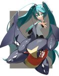  1girl absurdres bangs black_skirt collared_shirt crossover floating_hair garchomp gen_4_pokemon green_hair green_neckwear grey_shirt grin hair_between_eyes hair_ornament hatsune_miku highres long_hair looking_at_viewer necktie outstretched_arm pleated_skirt pokemon pokemon_(creature) reirou_(chokoonnpu) shiny shiny_hair shirt skirt sleeveless sleeveless_shirt smile spread_fingers symbol-only_commentary teeth twintails very_long_hair vocaloid 