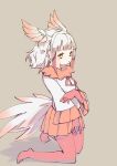  1girl bangs bird_girl bird_tail bird_wings bird_witch commentary_request elbow_gloves eyebrows_visible_through_hair frilled_sleeves frills fur_collar gloves highres japanese_crested_ibis_(kemono_friends) kemono_friends kneeling long_sleeves multicolored_hair neck_ribbon no_shoes pantyhose pleated_skirt red_fur red_gloves red_hair red_legwear red_neckwear red_skirt ribbon shirt short_hair sidelocks skirt solo tail white_hair white_shirt wings yellow_eyes 
