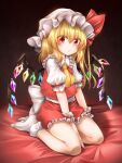  1girl bangs bed blonde_hair blush brown_background closed_mouth collar crystal eyebrows_visible_through_hair eyes_visible_through_hair flandre_scarlet frills hair_between_eyes hat hat_ribbon highres jewelry looking_at_viewer marukyuu_ameya miniskirt mob_cap multicolored multicolored_wings no_shoes on_bed one_side_up puffy_short_sleeves puffy_sleeves red_eyes red_ribbon red_skirt red_vest ribbon ribbon-trimmed_sleeves ribbon_trim seiza shirt short_hair short_sleeves simple_background sitting sitting_on_bed skirt socks solo touhou vest wall white_collar white_headwear white_legwear white_shirt white_sleeves wings wrist_cuffs yellow_neckwear 