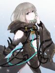  1boy bad_link bangs bare_shoulders brown_hair brown_hood brown_jacket bullet chain chained closed_mouth green_eyes gretel_(sinoalice) hair_between_eyes highres holding jacket long_sleeves looking_at_viewer male_focus otoko_no_ko short_hair sinoalice smile solo third-party_source yatsugu_yin 