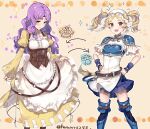  2girls apron armor arrow_(symbol) belt blonde_hair blouse blue_eyes blue_footwear blue_skirt blush boots bracelet breastplate breasts brown_belt brown_eyes circlet clenched_hands commentary cosplay costume_switch cowboy_shot crinoline dress eyebrows_visible_through_hair fire_emblem fire_emblem:_the_blazing_blade fire_emblem_awakening florina_(fire_emblem) florina_(fire_emblem)_(cosplay) flower frilled_apron frilled_dress frills hands_on_hips happy haru_(nakajou-28) headdress jewelry juliet_sleeves lissa_(fire_emblem) lissa_(fire_emblem)_(cosplay) long_hair long_sleeves looking_at_viewer looking_down maid_apron medium_breasts multiple_girls open_mouth pauldrons pleated_skirt puffy_sleeves purple_hair short_sleeves shoulder_armor simple_background skirt sparkle star_(symbol) thigh_boots thighhighs twintails twitter_username underbust white_blouse wrist_cuffs yellow_dress zettai_ryouiki 