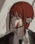  1girl black_neckwear black_suit blood blood_on_face blood_on_wall blood_splatter bloody_clothes chainsaw_man formal long_hair makima_(chainsaw_man) necktie noroma02 orange_eyes parted_lips red_hair sketch solo splatter suit upper_body 