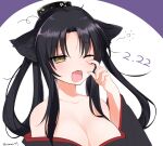  1girl :3 absurdres animal_ears bare_shoulders black_hair breasts cat_day cat_ears cat_girl cleavage commentary_request dated fang hair_rings hairband high_school_dxd highres japanese_clothes kimono kuroka_(high_school_dxd) large_breasts long_hair mari_(rodoney-kiara) off_shoulder one_eye_closed open_mouth slit_pupils solo twitter_username yawning yellow_eyes 