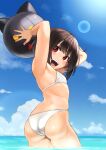  1girl :d alternate_costume armpits arms_up ass ball bangs beachball bikini black_hair blush breasts character_print chomusuke commentary_request day highres holding holding_ball izawa_koushi kono_subarashii_sekai_ni_shukufuku_wo! looking_at_viewer looking_back megumin ocean open_mouth outdoors red_eyes short_hair skindentation sky small_breasts smile solo swimsuit upper_teeth wading water white_bikini 