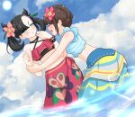  2girls beach black_hair blush brown_hair flower gloria_(pokemon) hair_flower hair_ornament highres kurosawa_karura marnie_(pokemon) multiple_girls official_alternate_costume open_mouth partially_submerged pokemon pokemon_(game) pokemon_masters_ex sarong short_hair smile sun twintails water yuri 