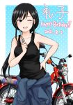  1girl ;d black_eyes black_hair breasts character_name dated flick_(sal23) ground_vehicle happy_birthday holding holding_wrench honda_super_cub long_hair looking_at_viewer low-tied_long_hair medium_breasts motor_vehicle motorcycle one_eye_closed open_mouth reiko_(super_cub) smile solo super_cub tank_top wrench 