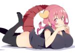  1girl black_legwear black_shirt breasts cleavage commentary_request dragon_girl dragon_horns dragon_tail horns huge_breasts ilulu_(maidragon) kobayashi-san_chi_no_maidragon long_hair looking_at_viewer lying on_stomach red_eyes red_hair shirt simple_background slit_pupils smile t-shirt tail thighhighs tottotonero white_background 