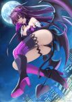  1girl ass asymmetrical_legwear bangs boots breasts city city_lights cityscape cleavage demon_girl demon_horns demon_tail demon_wings dress elbow_gloves floating full_body full_moon gloves hair_between_eyes hand_on_own_face highres honkai_(series) honkai_impact_3rd horns licking long_hair mizonaki moon night night_sky outdoors ponytail purple_dress purple_eyes purple_footwear purple_gloves purple_hair purple_legwear raiden_mei shoe_soles sky solo tail tongue tongue_out uneven_legwear wings 