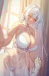  1girl babydoll backlighting bangs bare_shoulders blunt_bangs breasts check_commentary cleavage closed_eyes collarbone commentary commentary_request covered_navel crying elf furrowed_brow highleg highleg_panties highres holding_hands large_breasts long_hair original panties pointy_ears revision smile solar_(happymonk) solo_focus tearing_up underwear white_hair white_panties window 