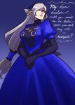  1girl absurdres alternate_breast_size black_gloves blue_background blue_dress blue_headband breasts cursive dress english_text gloves gradient gradient_background hands_together headband highres large_breasts lavenza_(persona_5) long_hair mole older persona persona_5 scruffyturtles solo white_hair yellow_eyes 