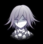  1boy bangs black_background checkered checkered_neckwear checkered_scarf closed_mouth cropped_shoulders danganronpa_(series) danganronpa_v3:_killing_harmony eyebrows_visible_through_hair flipped_hair hair_between_eyes looking_at_viewer ouma_kokichi qiao_xing scarf short_hair smile solo symbol-only_commentary 