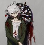  1boy ahoge bangs blood collarbone cowboy_shot danganronpa_(series) danganronpa_2:_goodbye_despair dartboard darts green_jacket grey_background grey_eyes grey_hair grey_shirt highres jacket knife komaeda_nagito long_sleeves male_focus messy_hair open_clothes open_jacket print_shirt saraba_(dnrnaq) shirt smile solo 