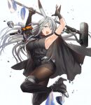  1girl :d animal_ears arknights arm_strap armpits arms_up bangs black_gloves black_legwear black_shirt black_skirt blue_eyes boots breasts character_name cloak commentary_request eyebrows_visible_through_hair gloves hammer high_heel_boots high_heels holding holding_hammer holding_weapon kyou_zip large_breasts long_hair miniskirt open_mouth pantyhose pencil_skirt rabbit_ears rock savage_(arknights) shirt silver_hair simple_background skirt smile striped striped_skirt thigh_boots thighhighs thighs weapon white_background 