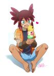  1boy :q bangs barefoot black_shirt blue_shorts blush commentary_request dated eyebrows_visible_through_hair food full_body green_eyes hair_between_eyes hands_together heart highres holding ice_cream interlocked_fingers jacket knees koko_(pokemon) looking_at_object male_focus nanaura_narina open_clothes open_jacket orange_jacket pokemon pokemon_(anime) pokemon_m23 red_hair shirt shorts signature sitting solo spread_legs tied_hair toes tongue tongue_out watermark 