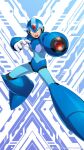  1boy aiming aiming_at_viewer android arm_cannon armor artist_request blue_bodysuit blue_headwear bodysuit company_name gloves green_eyes helmet highres kotobukiya looking_at_viewer male_focus mega_man_(series) mega_man_x_(character) mega_man_x_(series) open_mouth rockman_x_dive serious solo source_request weapon white_gloves 