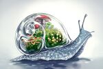  animal clover commentary english_commentary fly_agaric full_body highres mushroom no_humans original plant snail surreal terrarium transparent watermark web_address wenqing_yan 