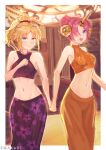  2girls absurdres bare_shoulders blonde_hair blush breasts dress emaxart eyebrows_visible_through_hair fate/apocrypha fate/grand_order fate_(series) floral_print frankenstein&#039;s_monster_(fate) green_eyes hair_ornament hair_over_one_eye hair_scrunchie highres holding_hands huge_filesize looking_at_viewer looking_away looking_down midriff mordred_(fate) mordred_(fate/apocrypha) multiple_girls navel open_mouth party purple_eyes scrunchie small_breasts smile yuri 