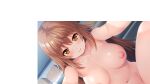  1boy 1girl akanesaki_tsubaki bangs blush box breasts brown_eyes brown_hair cardboard_box censored cowgirl_position cum cum_in_pussy dutch_angle game_cg girl_on_top hetero highres idoldays large_breasts long_hair looking_at_viewer mosaic_censoring navel nipples nude overflow penis pov sex shinozuka_atsuto smile solo_focus straddling tears vaginal 