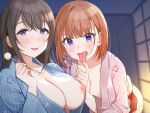  2girls bangs bent_over blue_eyes blue_kimono blush breasts brown_hair cleavage collarbone eyebrows_visible_through_hair finger_to_mouth finger_to_tongue fingernails floral_print hair_between_eyes hand_up indoors japanese_clothes kimono large_breasts long_hair long_sleeves looking_at_viewer mimikaki multiple_girls nipples no_bra non-web_source obi one_breast_out open_mouth original pink_kimono print_kimono sash smile striped striped_kimono tongue tongue_out tsukana_(saba_mizore) vertical-striped_kimono vertical_stripes wide_sleeves yukata 