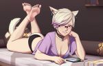  1girl animal_ears ass bangs bare_legs barefoot black_choker black_panties blush breasts cat_ears cat_tail cellphone choker cleavage cleavage_reach commission crop_top cross cross_earrings crossed_ankles downblouse earrings english_commentary feet feet_up fictional_persona final_fantasy final_fantasy_xiv full_body glasses head_rest jewelry large_breasts legs_up looking_at_viewer lying maria_reya miqo&#039;te multicolored_hair no_bra on_bed on_stomach panties phone platinum_blonde_hair purple_eyes purple_hair razalor rimless_eyewear second-party_source short_hair smartphone soles solo swept_bangs tail the_pose toes two-tone_hair underwear v-neck 