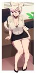  1girl animal_ears beige_shirt black_bra black_choker black_footwear bra breasts cat_ears choker cleavage collared_shirt commission cross cross_earrings curvy desk earrings english_commentary eyeliner eyeshadow fictional_persona final_fantasy final_fantasy_xiv full_body glasses high_heels highres jewelry knees_together_feet_apart large_breasts licking_lips looking_at_viewer makeup maria_reya miqo&#039;te naughty_face office_lady on_desk panties panty_pull partially_unbuttoned pencil_skirt platinum_blonde_hair pulled_by_self razalor rimless_eyewear second-party_source shirt short_hair sitting skirt sleeves_pushed_up slit_pupils solo stiletto_heels thighs tongue tongue_out underwear white_panties 