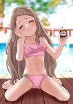  1girl aoba_kokona barefoot bikini blurry blurry_background braid braided_bangs breasts brown_hair closed_eyes commentary_request crotch_seam day facing_viewer food forehead full_body hair_ornament hairclip hand_on_own_face highres ice_cream long_hair mu-pyon pier pink_bikini sitting small_breasts solo spoon swimsuit wariza yama_no_susume 